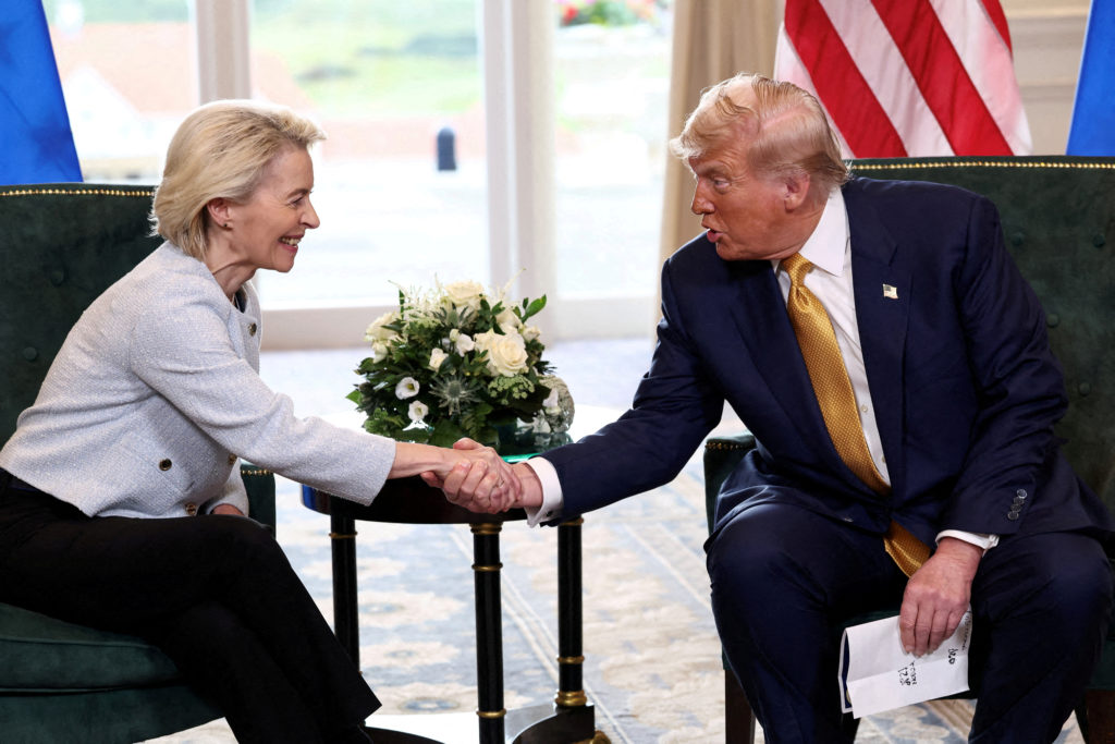FILE PHOTO: EC President von der Leyen is pictured with US President Trump in Scotland