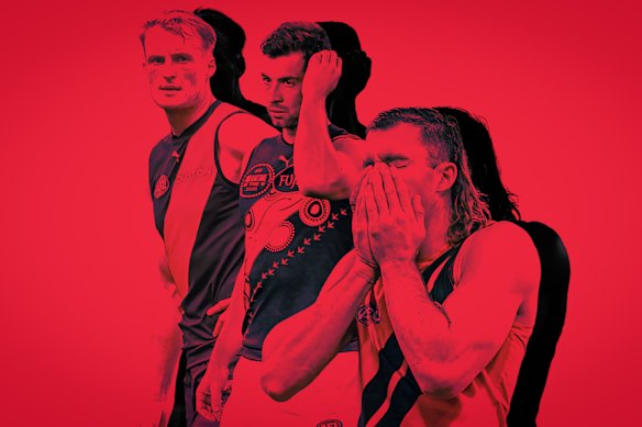 Essendon have had a major injury crisis in season 2025, with the large number of injured players including (from left) Mason Redman, Kyle Langford and Sam Draper.