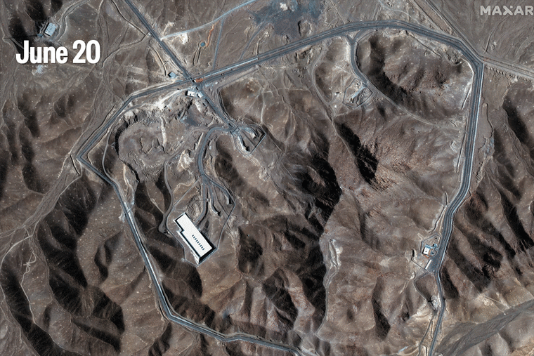 The Fordo fuel enrichment site in Iran on June 20 and on June 22 after U.S. airstrikes.