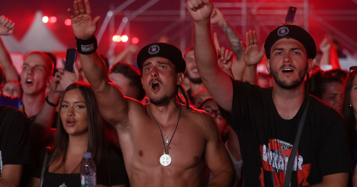 Croatian right-wing singer Marko Perkovic and fans perform pro-Nazi salute at massive concert