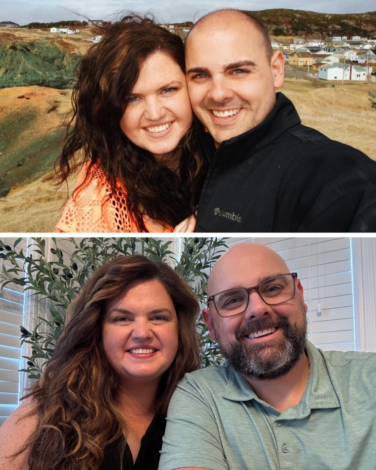 Anita and Brad Squires in 2012, above, and today.