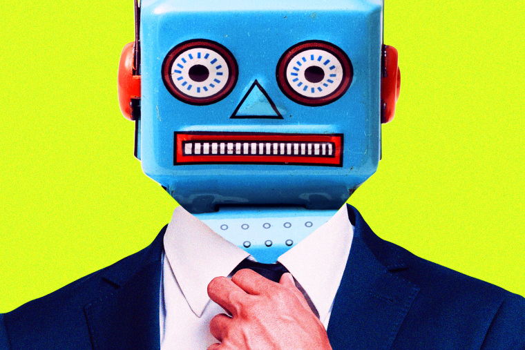 Robot wearing a suit and straightening tie.