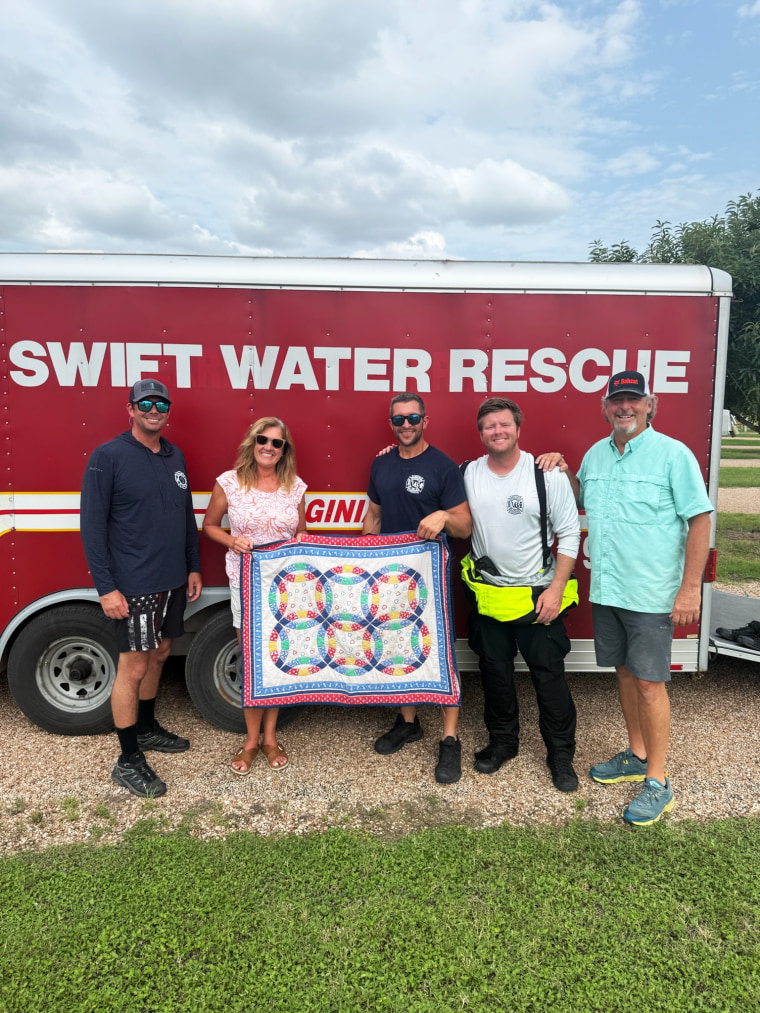 Matthew Rafferty and members of his swift-water rescue team returned a baby quilt to the blanket's owner.