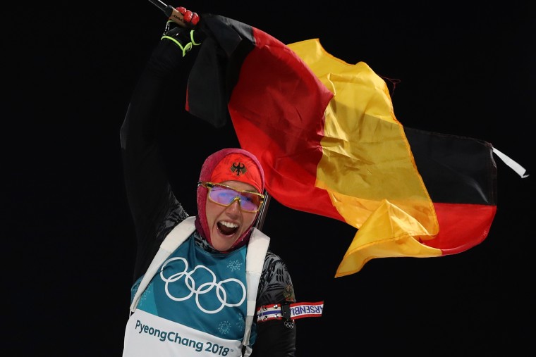Laura Dahlmeier after crossing the finish line during the Women's Biathlon 10km Pursuit at the Pyeongchang 2018 Winter Olympic Games.