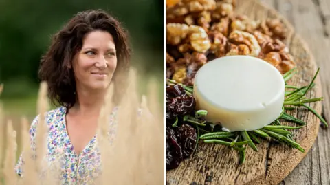 Those Vegan Cowboys Hille van der Kaa stands in a field wearing a colourful dress (left) and (right) a Those Vegan Cowboys cheese sits on a cheese board surrounded by dried cranberries and walnuts.
