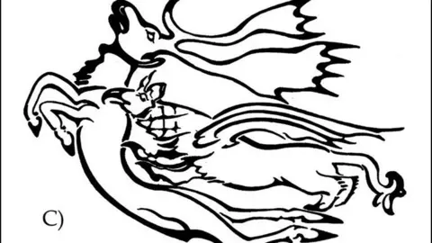 Daniel Riday A black line drawing of the tattoo on the woman's left forearm. It shows a large stag with horns, and a half-lion and half-eagle creature appearing to attack the stag.