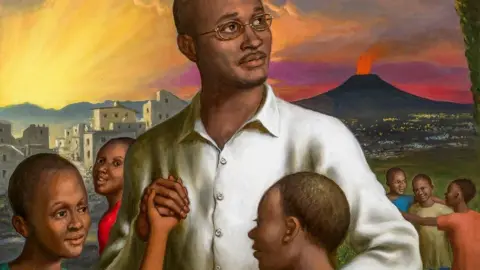 Sant'Egidio A painting by artist Stefano Di Stasio dedicated to Floribert Bwana Chui Bin Kositi, showing him protecting street children in Goma. He holds one child's hand and has his arm around another one. Behind him can be seen lava erupting from the Nyragongo volcano.
