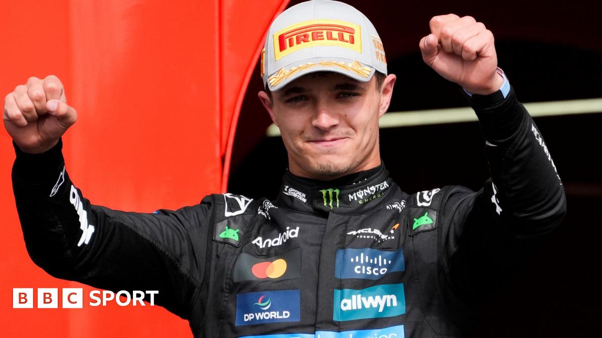 McLaren's Lando Norris raises his arms in celebration after winning the British Grand Prix