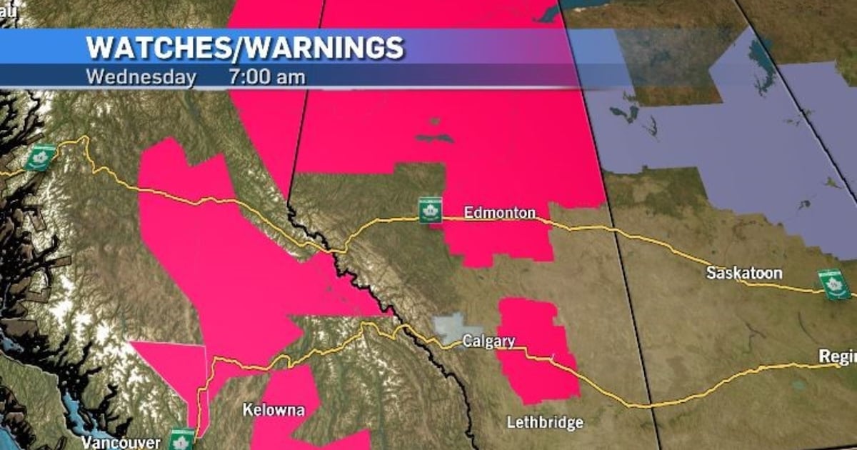 Heat warnings in much of Alberta and a risk of thunderstorms along the foothills - CTV News