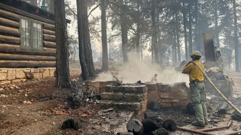 Getty Images Firefighter in yellow shirt and green pants uses hose to douse site of a building foundation and stairs, near a stand of blackened trees