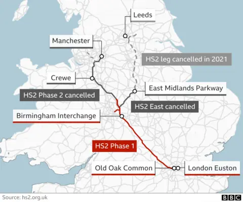 Graphic showing HS2 rail line and cancelled sections 