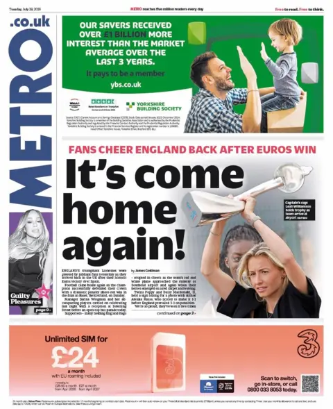 The headline on the front page of the Metro reads: "It's come home again!"