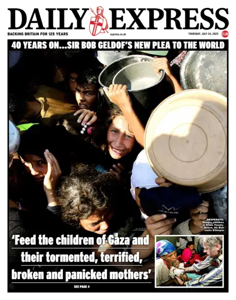 The headline on the front page of the Daily Express reads: "'Feed the children of Gaza and their tormented, terrified, broken and panicked mothers'".