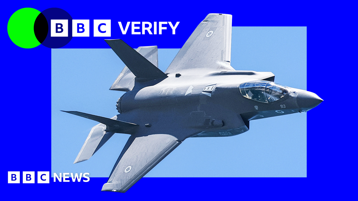 An Israeli F-35 jet imposed over the BBC Verify branding.