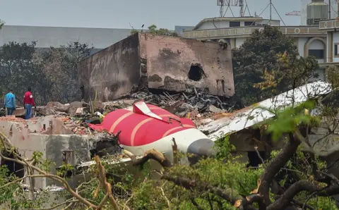 Getty Images Two investigative officials stand at the site of Air India Boeing 787 crash site. They stand with their backs to the camera, next to the remnants of the plane amid foliage.