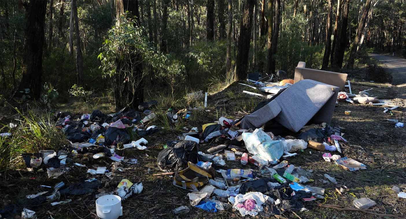 Piles of rubbish on the side of the road in a state forest. 