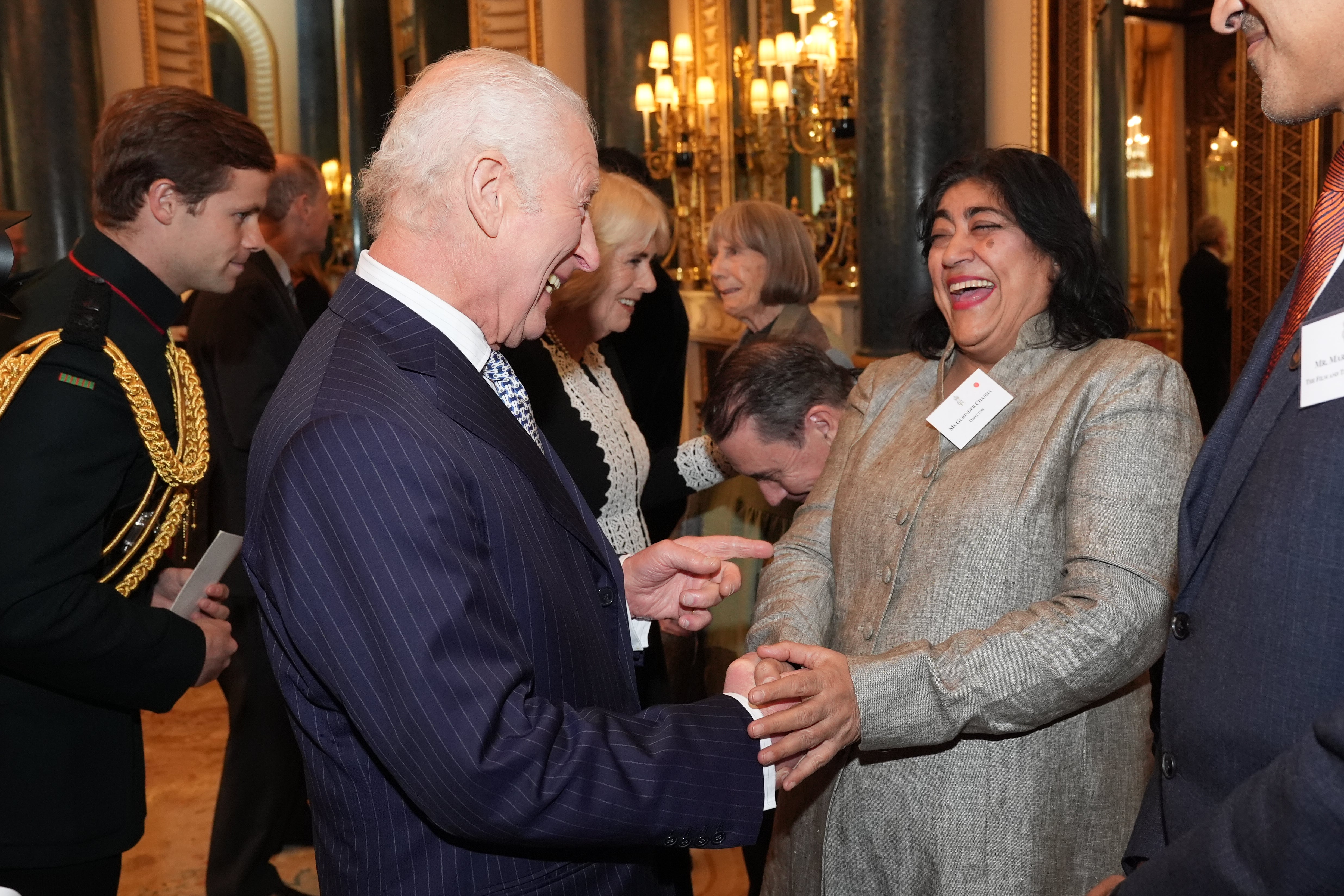 King Charles III with Gurinder Chadha during a reception to mark the centenary of the Film and TV charity, at Buckingham Palace, London