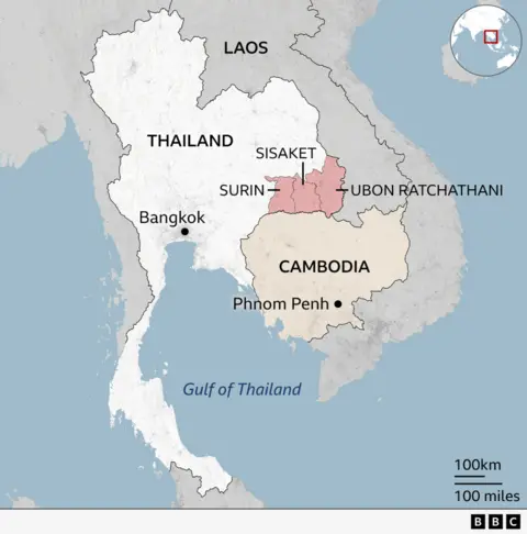 A map showing Thailand and its Surin, Ubon Ratchathani and Srisaket provinces, and also Cambodia