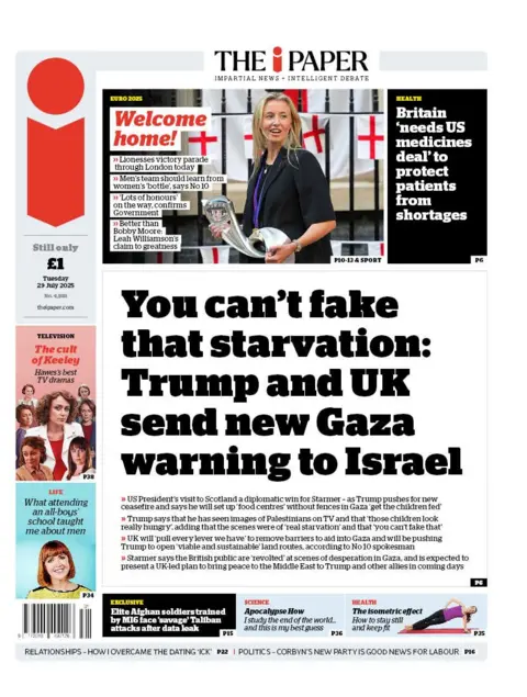 The headline on the front page of the i Paper reads: "You can't fake that starvation: Trump and UK send new Gaza warning to Israel".