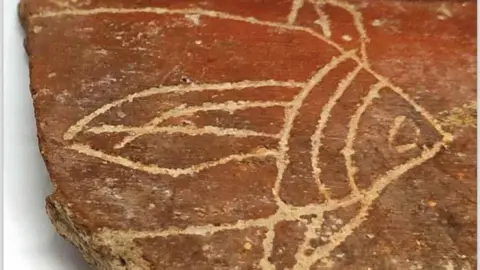 Keeladi Museum Graffitti found on a potsherd, placed on display at the Keeladi Museum in Tamil Nadu, India