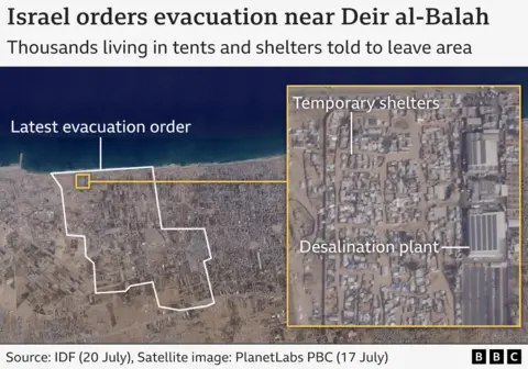 Satellite image showing an area near Deir al-Balah with a highlighted zone indicating the latest evacuation order. An inset view displays temporary shelters and tents. Source: IDF (20 July), Satellite image: PlanetLabs PBC (17 July)