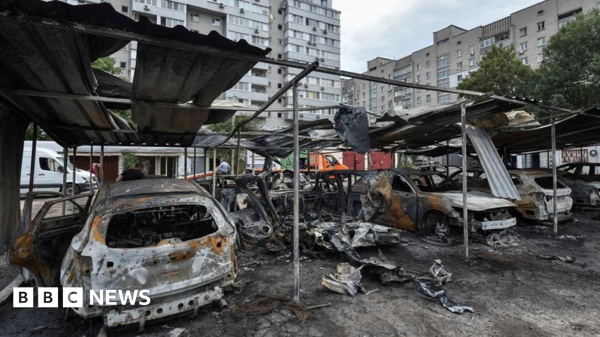 A view shows burned cars at the site of the Russian drone strike in Dnipro, Ukraine. The picture showed a burnt out garage building containing burnt out cars