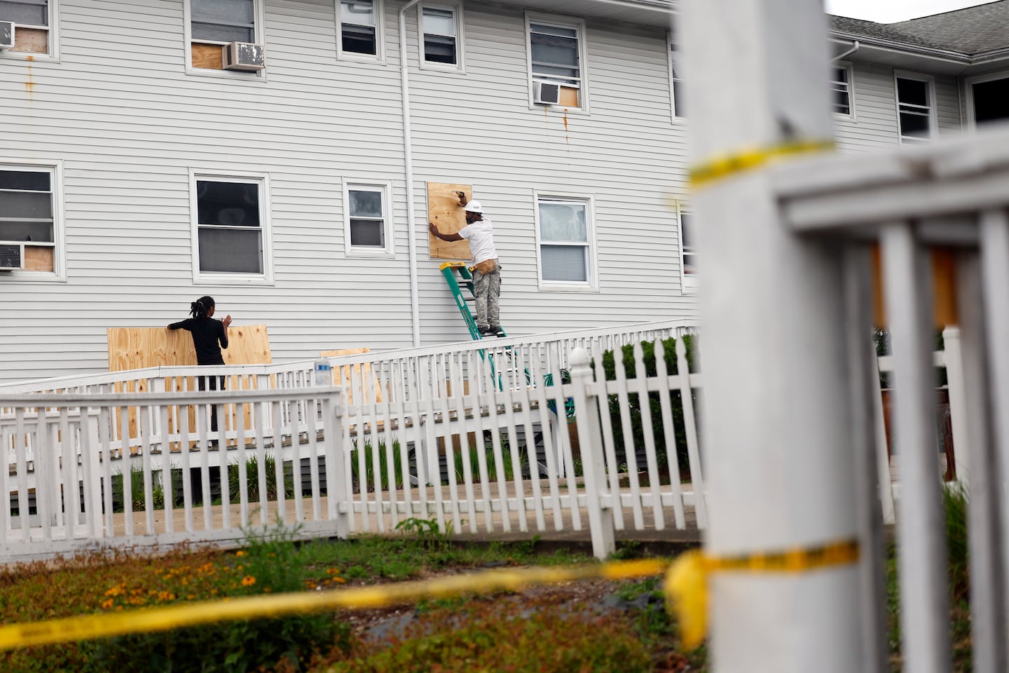 Windows are boarded up in the aftermath of a fatal fire at the Gabriel House Assisted Living Facility on July 14, 2025, in Fall River.