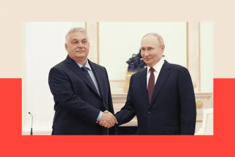 Valery Sharifulin via Getty Orban and Putin shake hands 