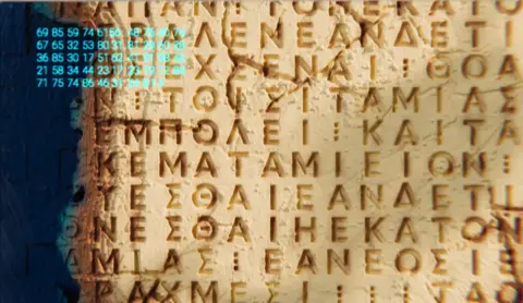 Google Deepmind Ancient Greek inscription with neon blue numbers imprinted on to illustrate the application of AI
