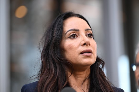 Antoinette Lattouf addresses the media outside Federal Court in February.
