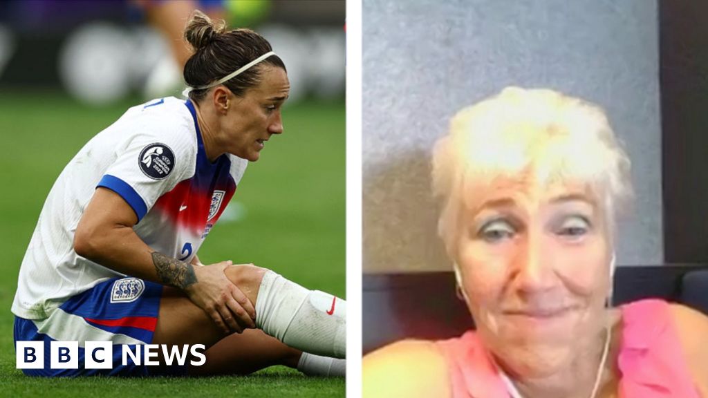 Split image of Bronze on the pitch, holding her leg, and her mum speaking to Woman's Hour programme from home