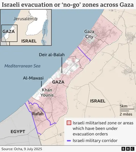 Map showing Israeli evacuation or "no-go" zones in Gaza (9 July 2025)