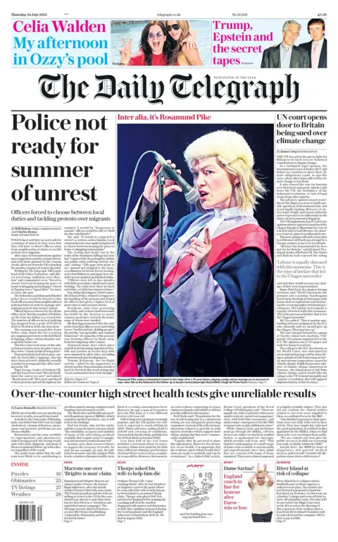 The headline on the front page of the Daily Telegraph reads: "Police not ready for summer of unrest". 
