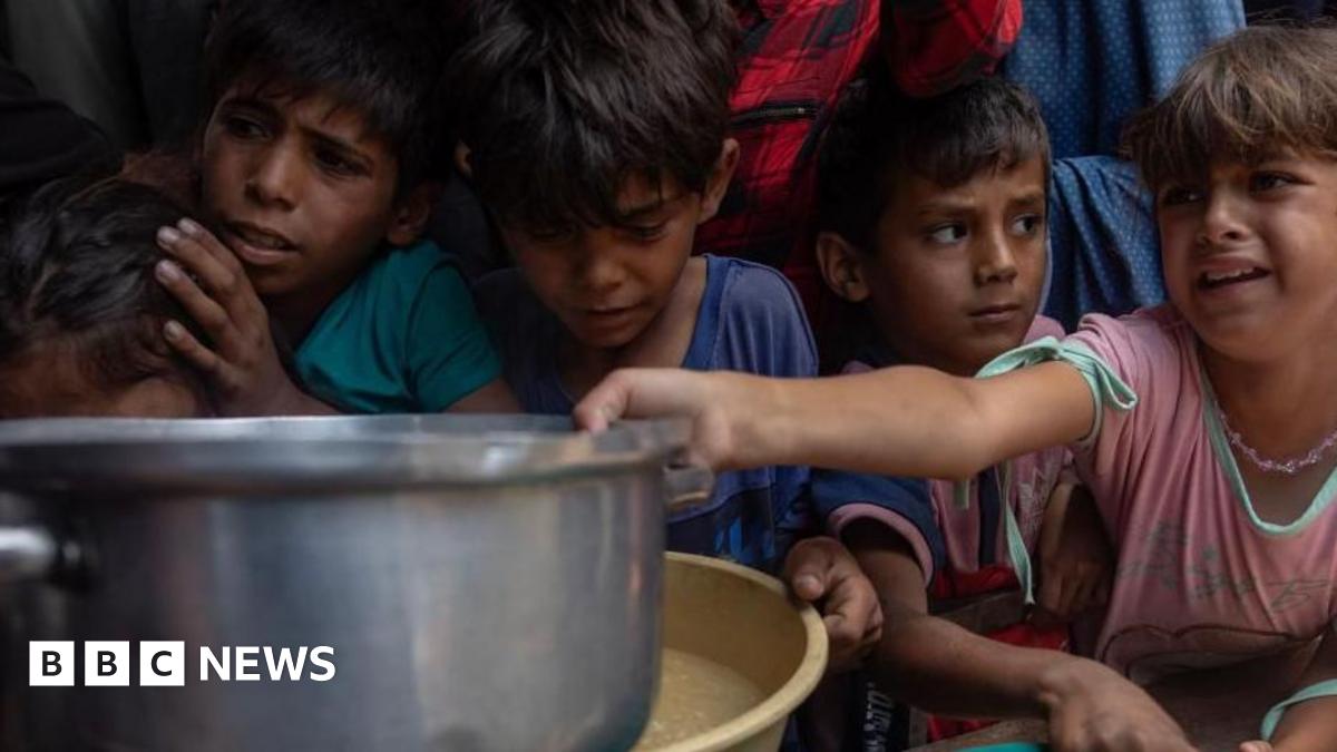 A group of children - one wearing a pink shirt, with a pained look on the face, holds a pan at a charity kitchen in Gaza City