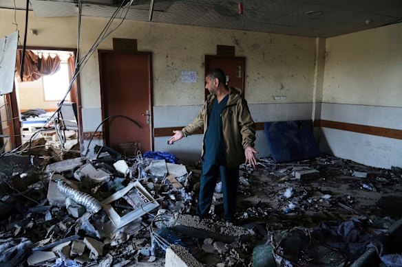 Dr Marwan al-Hams surveys the destruction inside the surgical building of Nasser Hospital in March, a day after it was struck by an Israeli airstrike in Khan Yunis, Gaza Strip, in March.