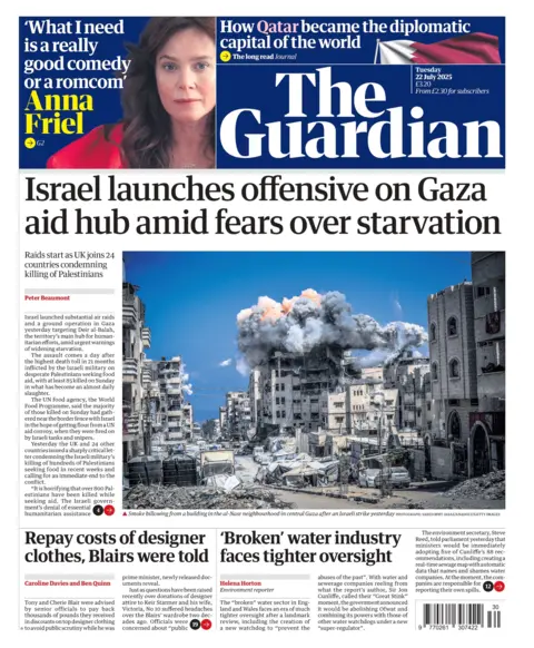 The headline on the front page of The Guardian reads: "Israel launches offensive on Gaza aid hub amid fears over starvation". 