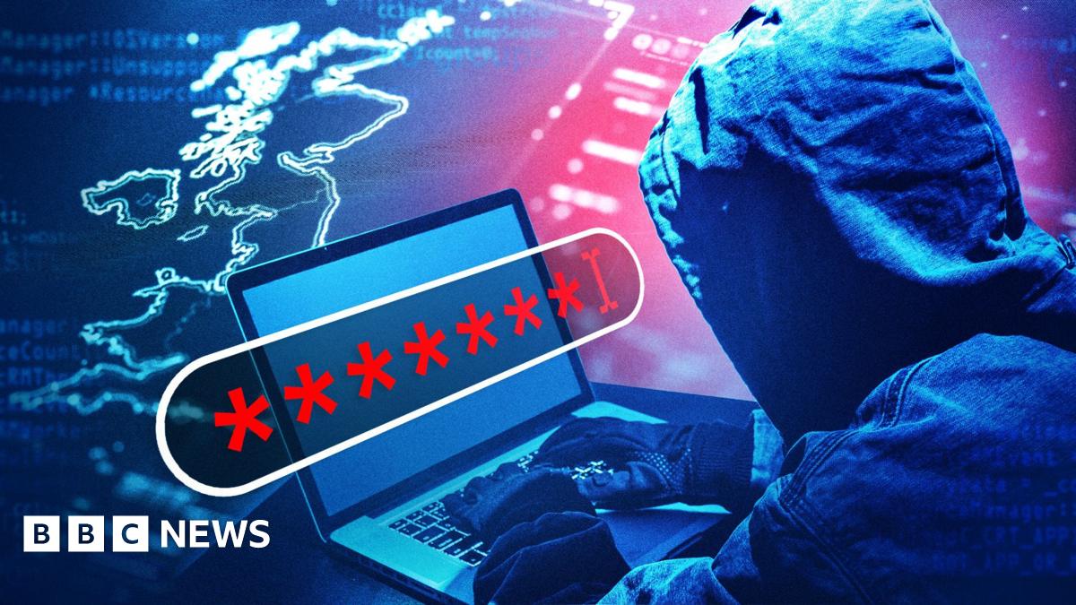 A person wearing a hooded jacket and gloves is sitting at a laptop, typing. The screen of the laptop displays a password field filled with red asterisks. The background shows a digital map of Europe and various lines of code, suggesting themes of hacking or cybersecurity.