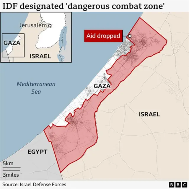 A map of Gaza. The IDF designated "dangerous combat zone" is marked in red. The map pinpoints the location an aid drop which is inside the zone.