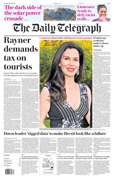 The headline on the front page of the Daily Telegraph reads: "Rayner demands tax on tourists".