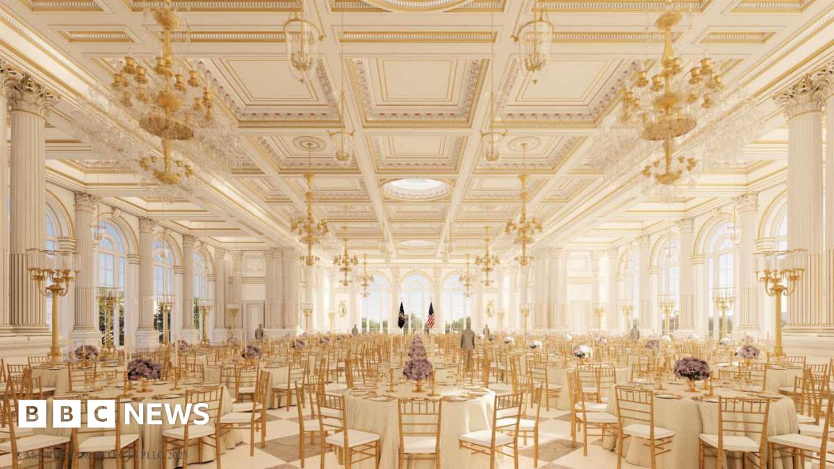 Rendering of the gold and white interior of the White House's ballroom design.