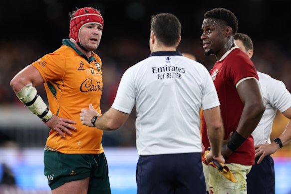 Harry Wilson of the Wallabies and Maro Itoje of the British & Irish Lions