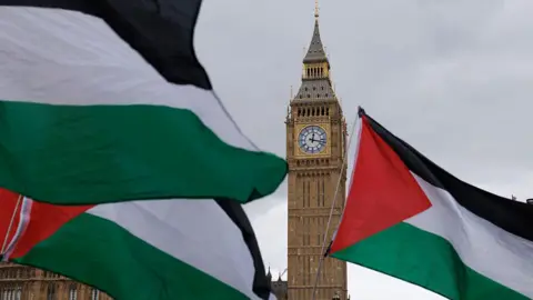 Getty Images Palestinian flags outside Parliament in Westminster.