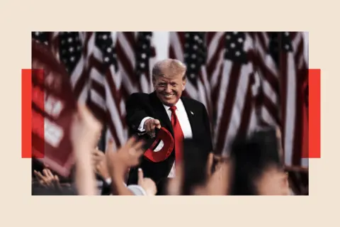 Getty Images Donald Trump tosses out MAGA hats and greets attendees during a 'Save America' Rally at the Lorain County Fairgrounds in Wellington, Ohio, on 26 June 2021.
