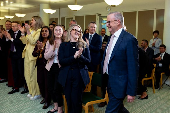 Prime Minister Anthony Albanese enters the Labor caucus meeting on Monday.