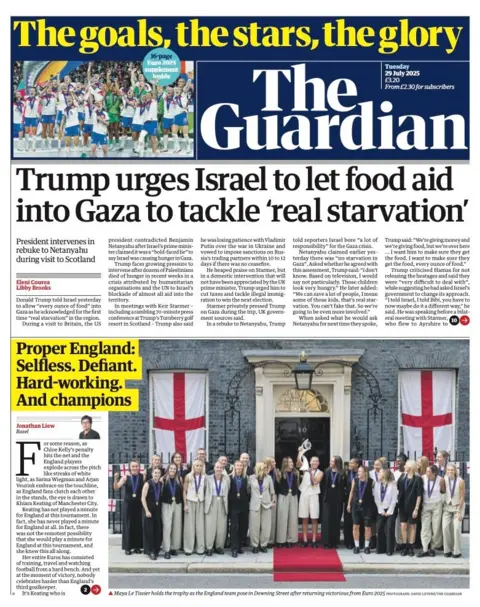 The headline on the front page of the Guardian reads: "Trump urges Israel to let food aid into Gaza to tackle 'real starvation'".