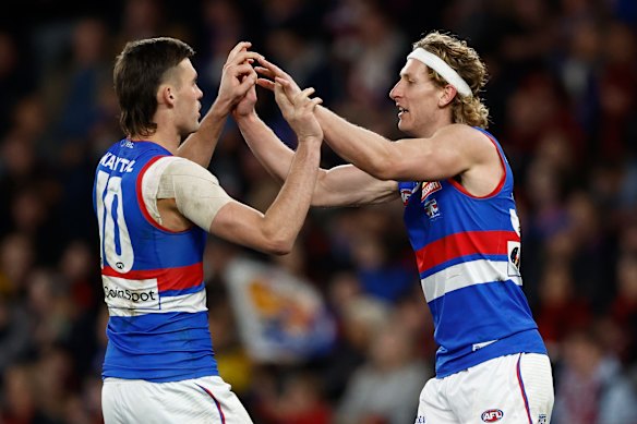 Bulldogs teammates Sam Darcy (left) and Aaron Naughton.