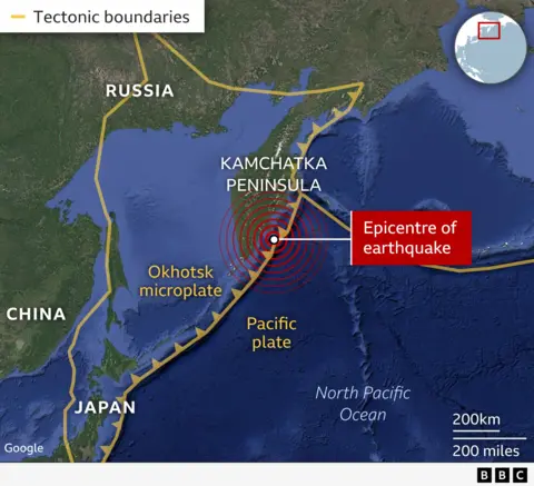 Map showing the epicentre of the earthquake on the Kamchatka Peninsula, where the Pacific plate meets the Okhotsk microplate off the east coast of Russia. 