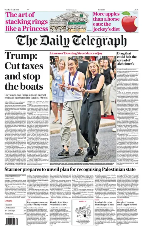 The headline on the front page of the Daily Telegraph reads: "Trump: Cut taxes and stop the boats". 