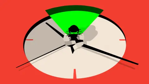 Jodi Lai Illustration of young person holding a smartphone in the centre of a clock