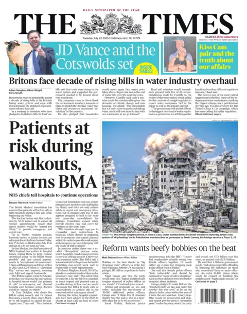 The headline on the front page of The Times reads: "Patients at risk during walkouts, warns BMA".